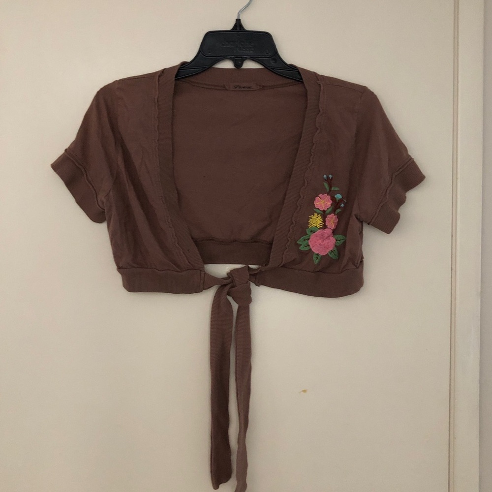Picasso Brown Knit Tie-Front Floral Embroidered Crop Shrug Top! Vintage! Large